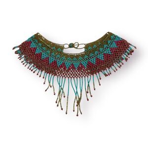 Mayan Antique Beaded Pectoral Necklace with Geometric Motif Green/Blue/Red Boho‎